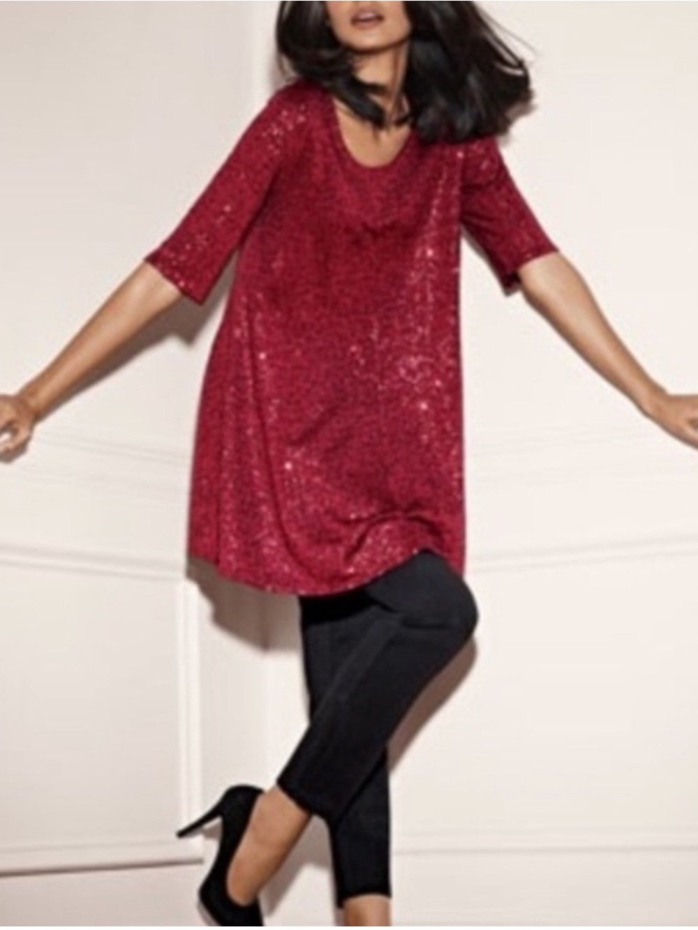 Eileen Fisher Red Sequin 100% Silk Tunic Blouse Holiday Occasion Top M NWT